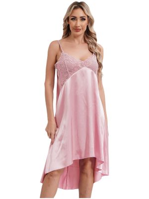 Women Lace Patchwork Satin Spaghetti Straps Ho-Lo Pajama Dress