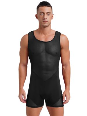 Men Breathable Scoop Neck Sleeveless Mesh Bodybuilding Fitness Leotard