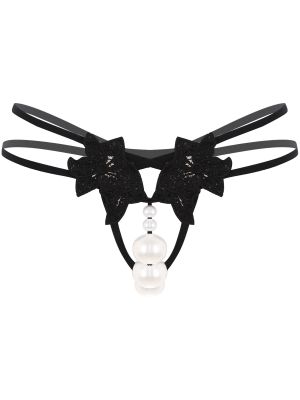 Women Faux Pearls Open Crotch T-back G-string Briefs