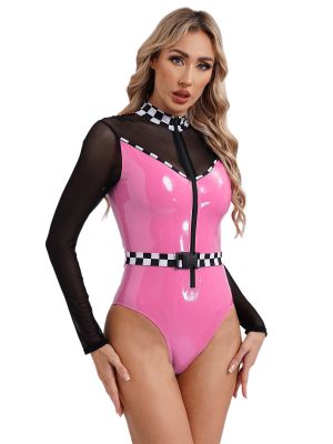 Women Long Sleeve Checkerboard Patent Leather Racer Driver Bodysuit with Belt