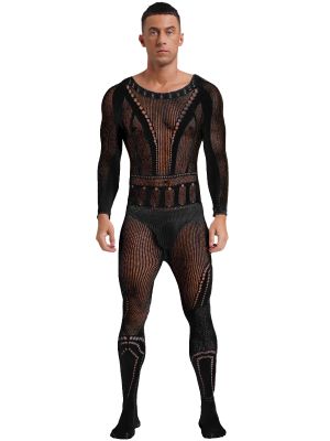 Men Sissy Long Sleeve See-through Fishnet Bodystocking Jumpsuit