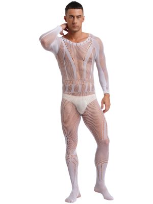 Men Sissy Long Sleeve See-through Fishnet Bodystocking Jumpsuit