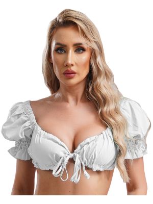 Women Sexy Puff Sleeve Lace-up Solid Color Crop Top
