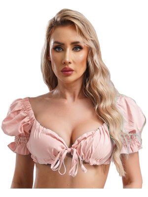 Women Sexy Puff Sleeve Lace-up Solid Color Crop Top