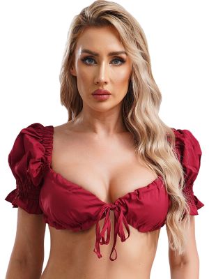 Women Sexy Puff Sleeve Lace-up Solid Color Crop Top