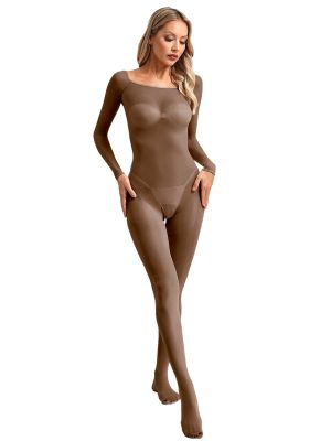 Women Glossy Off Shoulder Long Sleeve Seamless Bodystockings