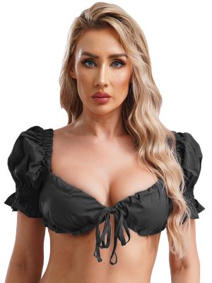 Women Sexy Puff Sleeve Lace-up Solid Color Crop Top