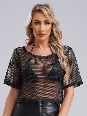 Women 80s Disco Fishnet Short Sleeve Hollow Out Mesh Crop Top Cover-up