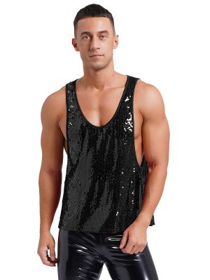Men Glitter Sequin Crew Neck Tank Top for Disco Club Party