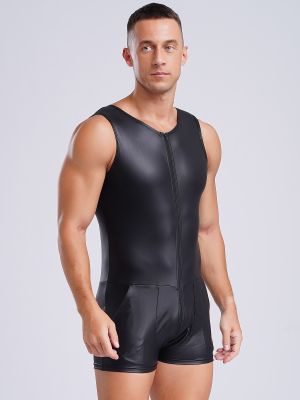 Mens Sexy Faux Bodysuit 3-end Zipper Leotard Tempting Clubwear Nightwear