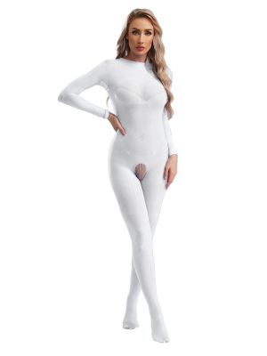 Women Sexy Glossy Long Sleeve Open Crotch Footed Bodystocking