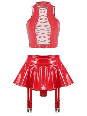 Women 2pcs Wetlook Lace-Up Vest and Mini Skirt with Built-in Thongs Club Set