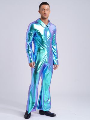 Men 70s Disco Metallic Lapel Flare Sleeve Front Zipper Jumpsuit