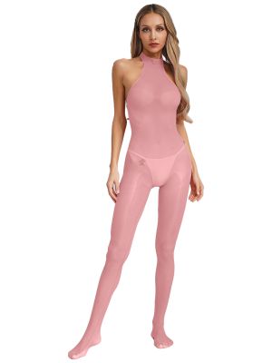 Women See Through Halter Neck Sleeveless Backless Footed Sheer Jumpsuit