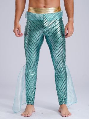 Men Metallic Shiny Fishscale Print Mermaid Leggings Aquaman Costume