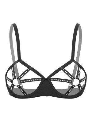 Women Sexy Underwired Rhinestones O-ring Cutout Cup Push Up Bra Top