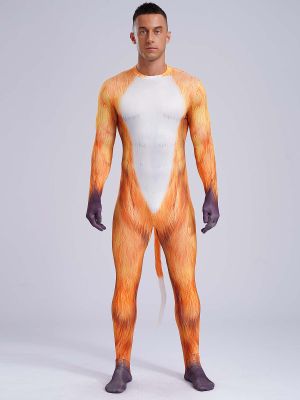 Men Animal 3D Printed Full-body Tail Footed Jumpsuit Zentai for Halloween