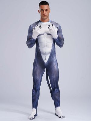 Men Animal 3D Printed Full-body Tail Footed Jumpsuit Zentai for Halloween