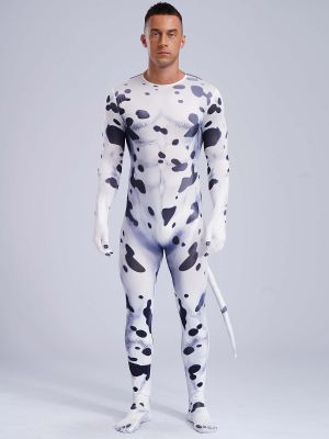 Men Animal 3D Printed Full-body Tail Footed Jumpsuit Zentai for Halloween