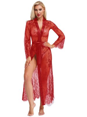 Women 2pcs Long Sleeve See Through Lace Sleep Robe and T-back Thong Set