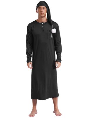 Men Long Sleeve Solid Color Long Robe with Hat Loungewear