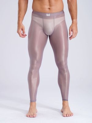 Men Glossy Ice Silky Ultra-Thin Bulge Pouch Stretchy Sports Leggings