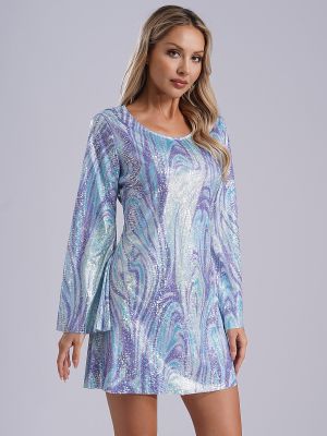 Women Sequin Long Sleeve Tie-dye Retro Hippie Dress for Disco Party