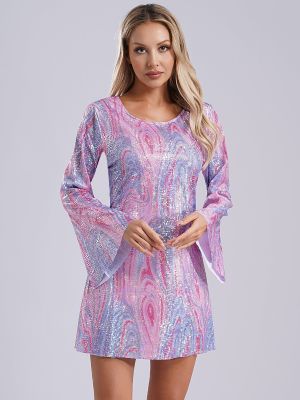 Women Sequin Long Sleeve Tie-dye Retro Hippie Dress for Disco Party