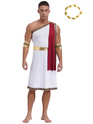 Men Halloween One Shoulder Robe Dress with Garland Headwear Ancient Greek Toga