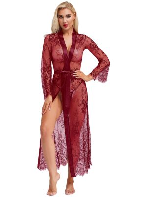 Women 2pcs Long Sleeve See Through Lace Sleep Robe and T-back Thong Set