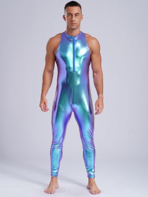 Men Metallic Sleeveless Halter Neck Back Cutout Jumpsuit