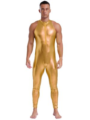 Men Metallic Sleeveless Halter Neck Back Cutout Jumpsuit