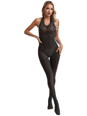 Women Glossy Halter Neck Backless See Through Footed Pantyhose Jumpsuit