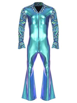 Men Lapel V Neck Flare Long Sleeve Bell Bottom Hippie Jumpsuit for Club