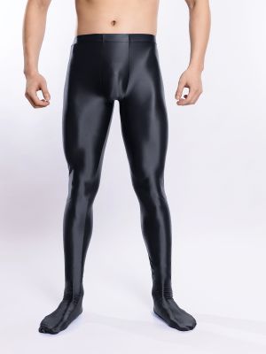 Men Glossy High Waist Bulge Pouch Footed Leggings