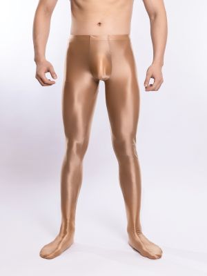 Men Glossy High Waist Bulge Pouch Footed Leggings