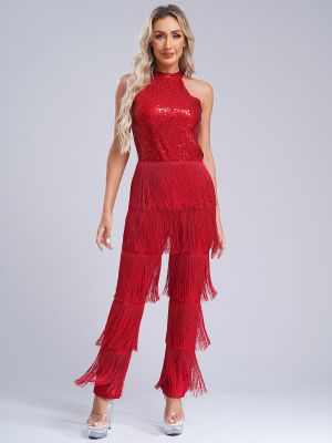 Women's Latin Dance Jumpsuit Sequins Tiered Tassel Halter Sleeveless Clubwear