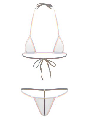 Women 2pcs See Through Mini Triangle Cup Bra and T-back Bikini Lingerie Set