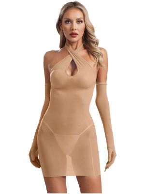 Women Glossy Halter Neck See Through Bodycon Dress with Long Gloves