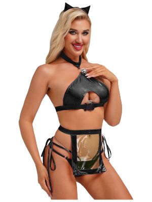 Women Sexy 4pcs Wetlook Crop Top and Briefs with Apron Bunny Girl Set