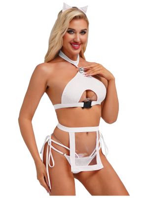 Women Sexy 4pcs Wetlook Crop Top and Briefs with Apron Bunny Girl Set