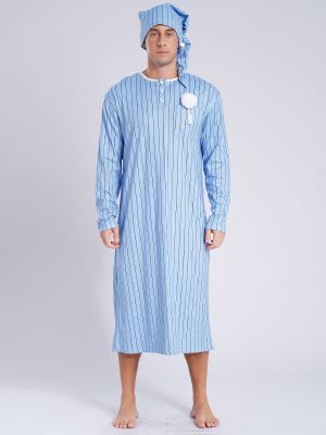 Men Sissy 2pcs Long Sleeve Stripe Robe and Pompom Hat Arabian Muslim Pajamas