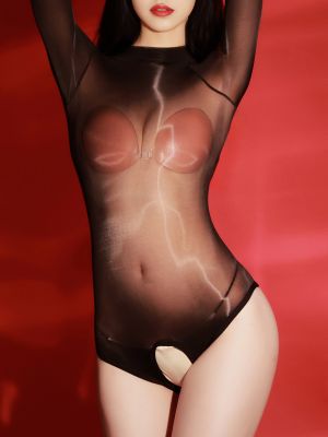 Women Glossy Long Sleeve Crotchless Mesh See Throught Bodysuit