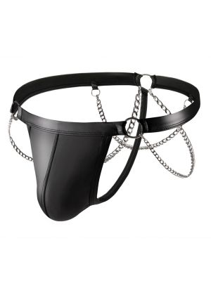 Men PU Leather Bulge Pouch T-back Thong Metal Chains Underwear
