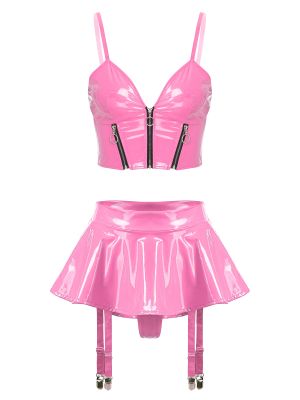 Women 2pcs Wetlook V Neck Tank Top and Built-in Thong Garter Miniskirt Set