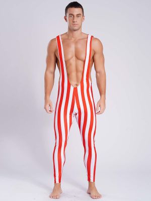 Men Christmas Stripe Sleeveless Suspender Overalls Slim Fit Romper