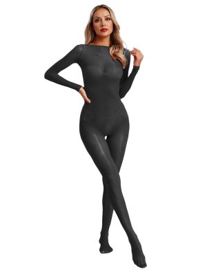 Women Long Sleeve Footed See Through Bodystockings Bodycon Jumpsuit