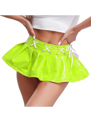 Women Wet Look Patent Leather Lace-up Pleated Miniskirt