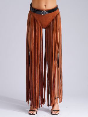 Women High Waist Suede Long Tassels Pants with Belt Hippy Costume
