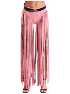 Women High Waist Suede Long Tassels Pants with Belt Hippy Costume